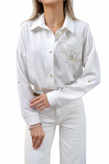 Koszula damska kremowa elegancka haft koperek złoty luźna guziki